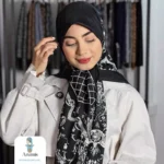 روسری ابریشم ژاکارد مشکی سفید