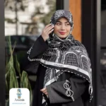 روسری ابریشم طرح دار مشکی سفید - تصویر 13