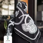 روسری ابریشم طرح دار مشکی سفید - تصویر 5