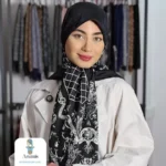 روسری ابریشم ژاکارد مشکی سفید - تصویر 3