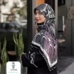 روسری ابریشم طرح دار مشکی سفید - تصویر 10