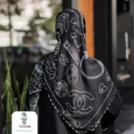 روسری ابریشم طرح دار مشکی سفید - تصویر 11