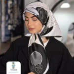 روسری ابریشم کجراه مشکی سفید قواره 90 - تصویر 3