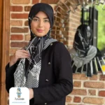 روسری ابریشم ژاکارد طرح دار مشکی سفید
